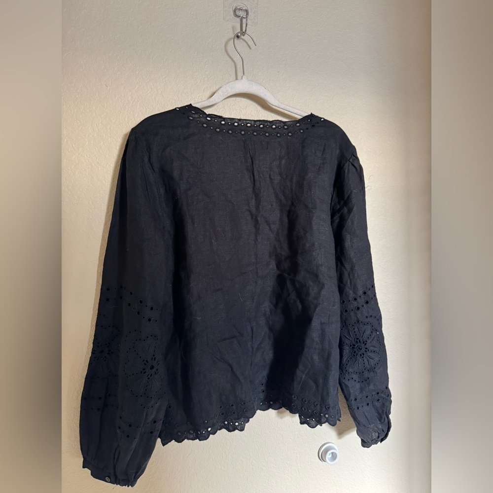 J. Crew Bungalow embroidered eyelet long sleeve linen top size large in black - Picture 6 of 7